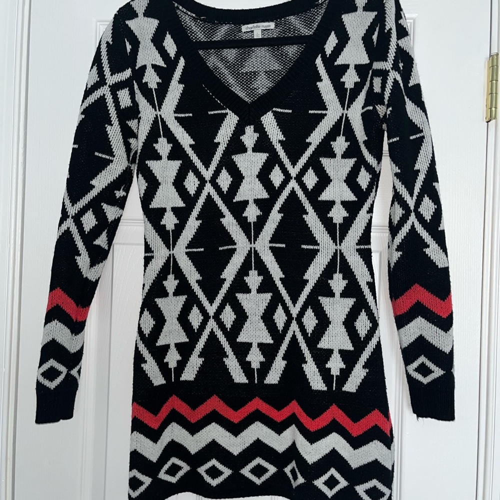 Geometric Patterned Sweater - Black, Gray, and Red